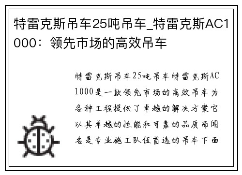 特雷克斯吊车25吨吊车_特雷克斯AC1000：领先市场的高效吊车